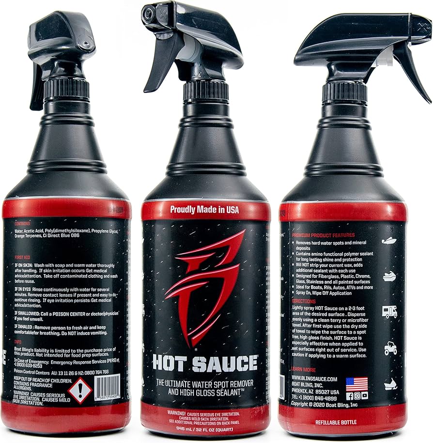 Amazon.com: Boat Bling Hot Sauce Premium Hard Water Spot Remover w/High-Gloss Wax Sealants, 32 oz. : Sports & Outdoors